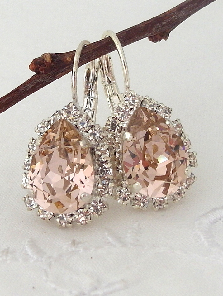 Blush Pink Crystal Teardrop Earring Drop Earring Swarovski Rhinestone Halo Earring Bridal 5648