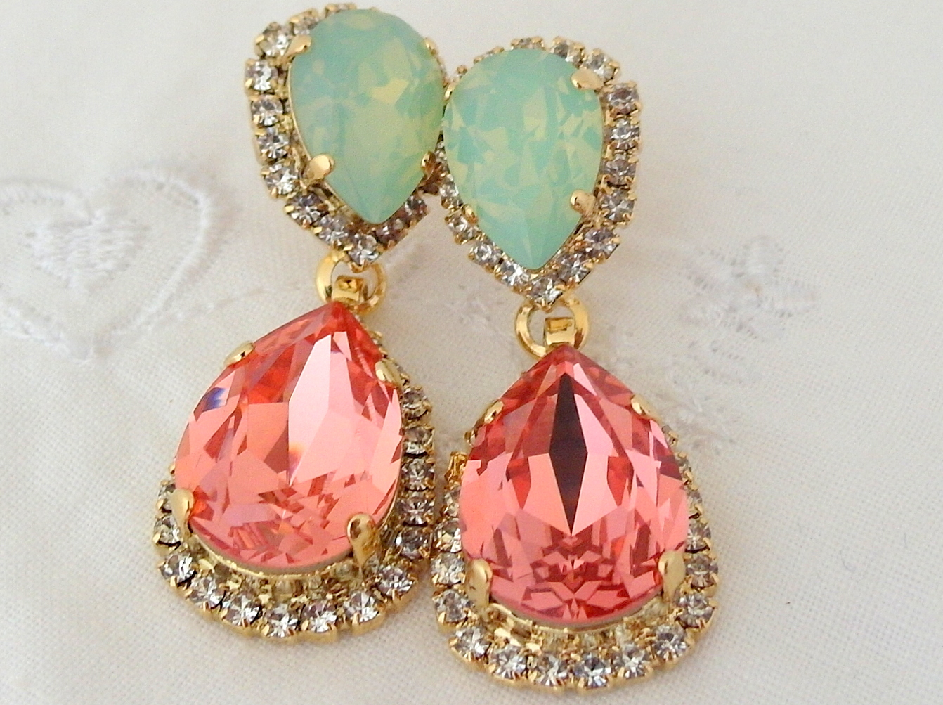 Peach Coral Mint Chandelier Earrings, Bridal Earrings, Drop Earrings
